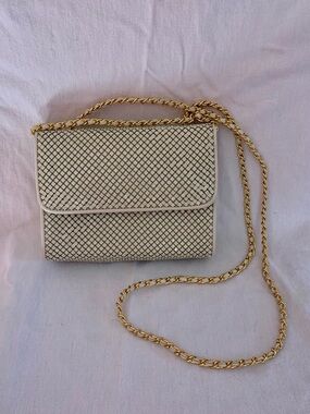 Whiting & Davis Structured Vintage Cream Alumesh Crossbody Bag